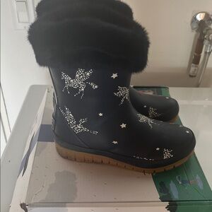 Joules Girl Black Star Patterned Snow Boots with Fur Trim